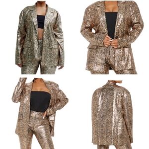 Slouchy Fit Drop Shoulder Snakeskin Sequin Blazer Lined w/Pockets 1X Gold NWT